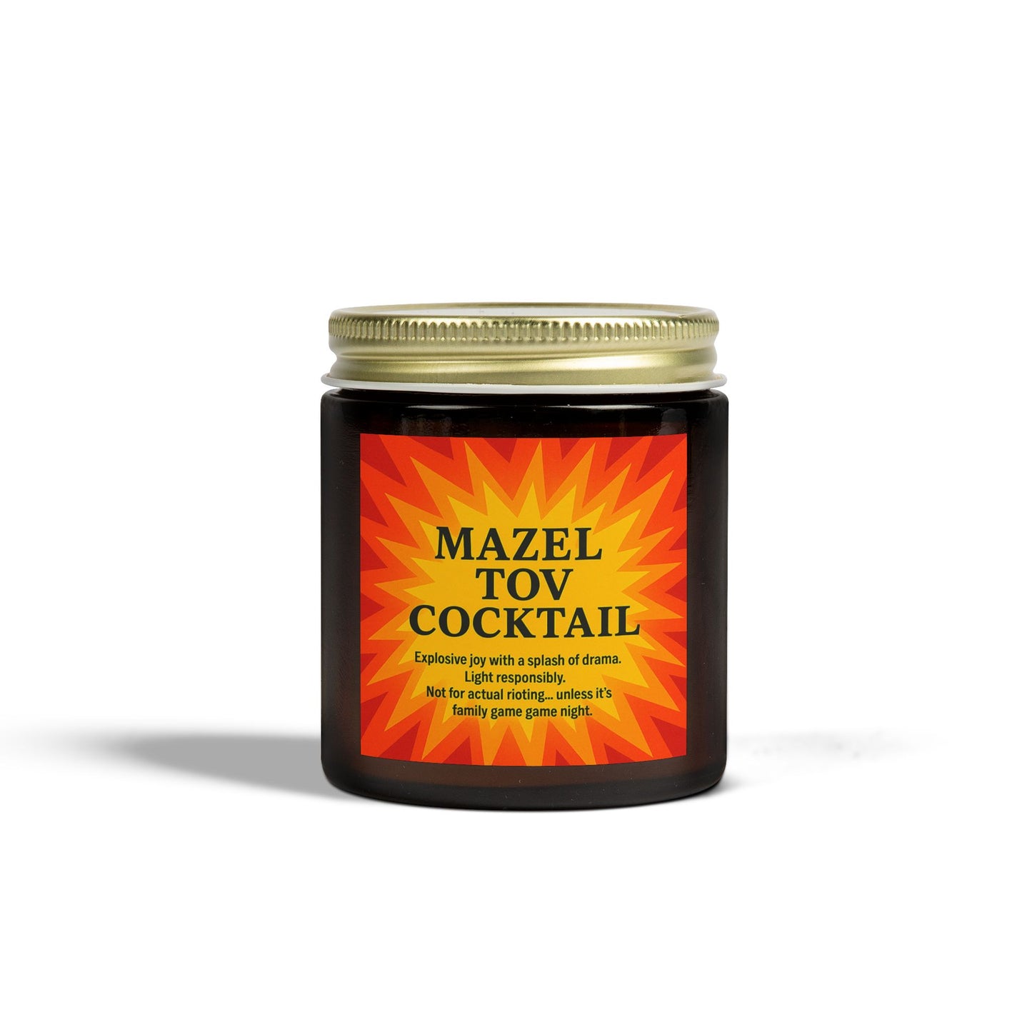 Jar of Mazel Tov Cocktail with a colorful label on a white background