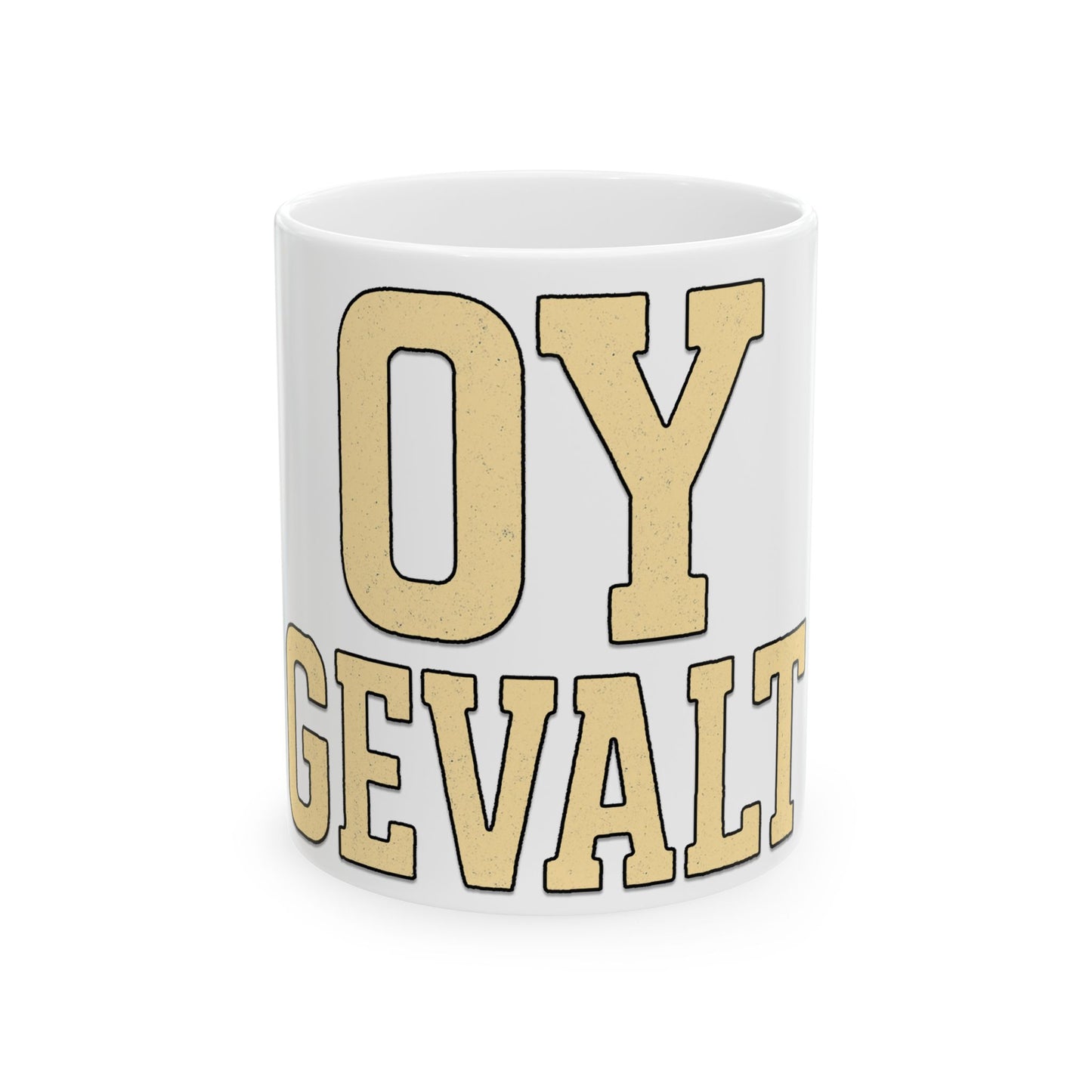 White mug with gold text 'OY GEVALT' on a white background