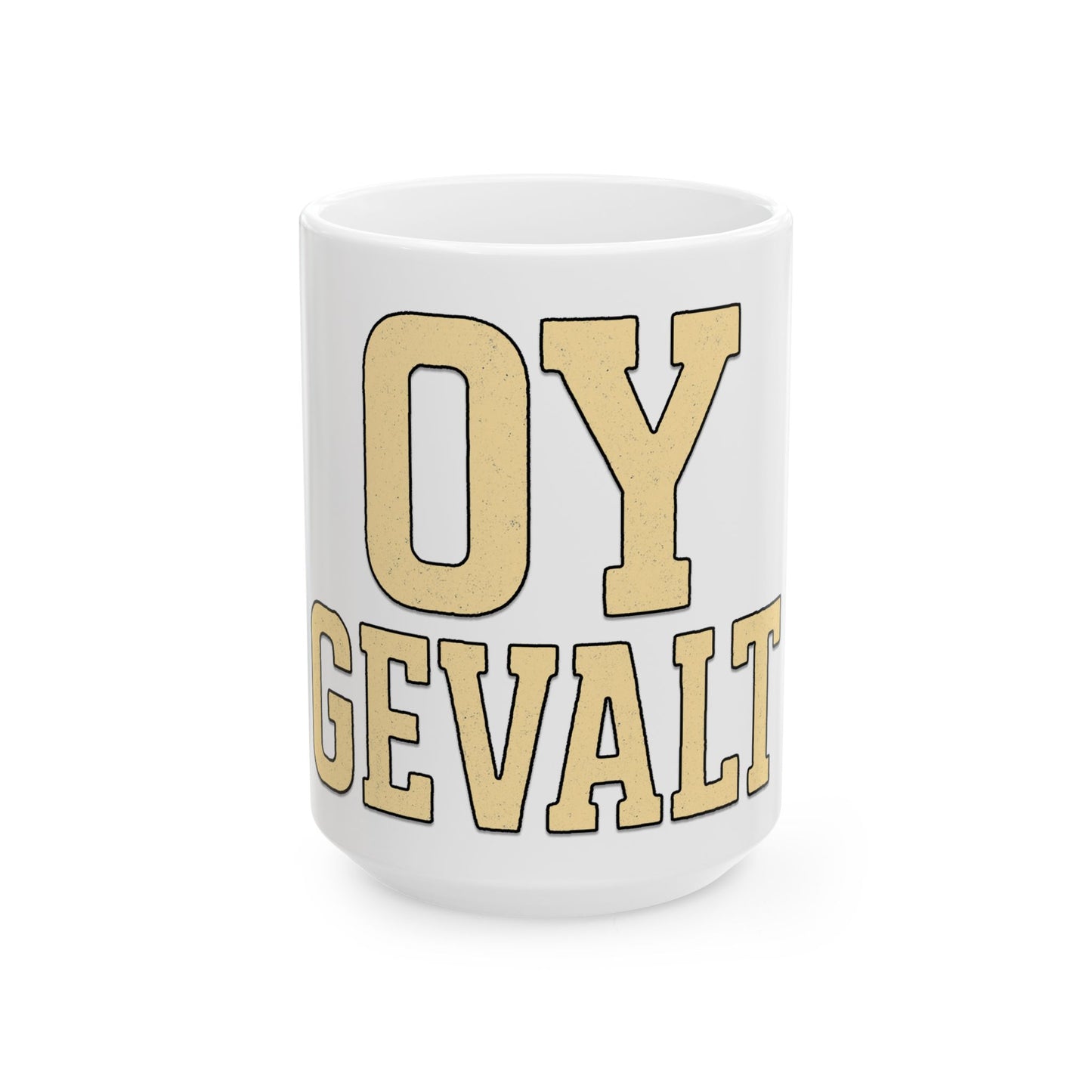 White mug with gold text 'OY GEVALT' on a white background