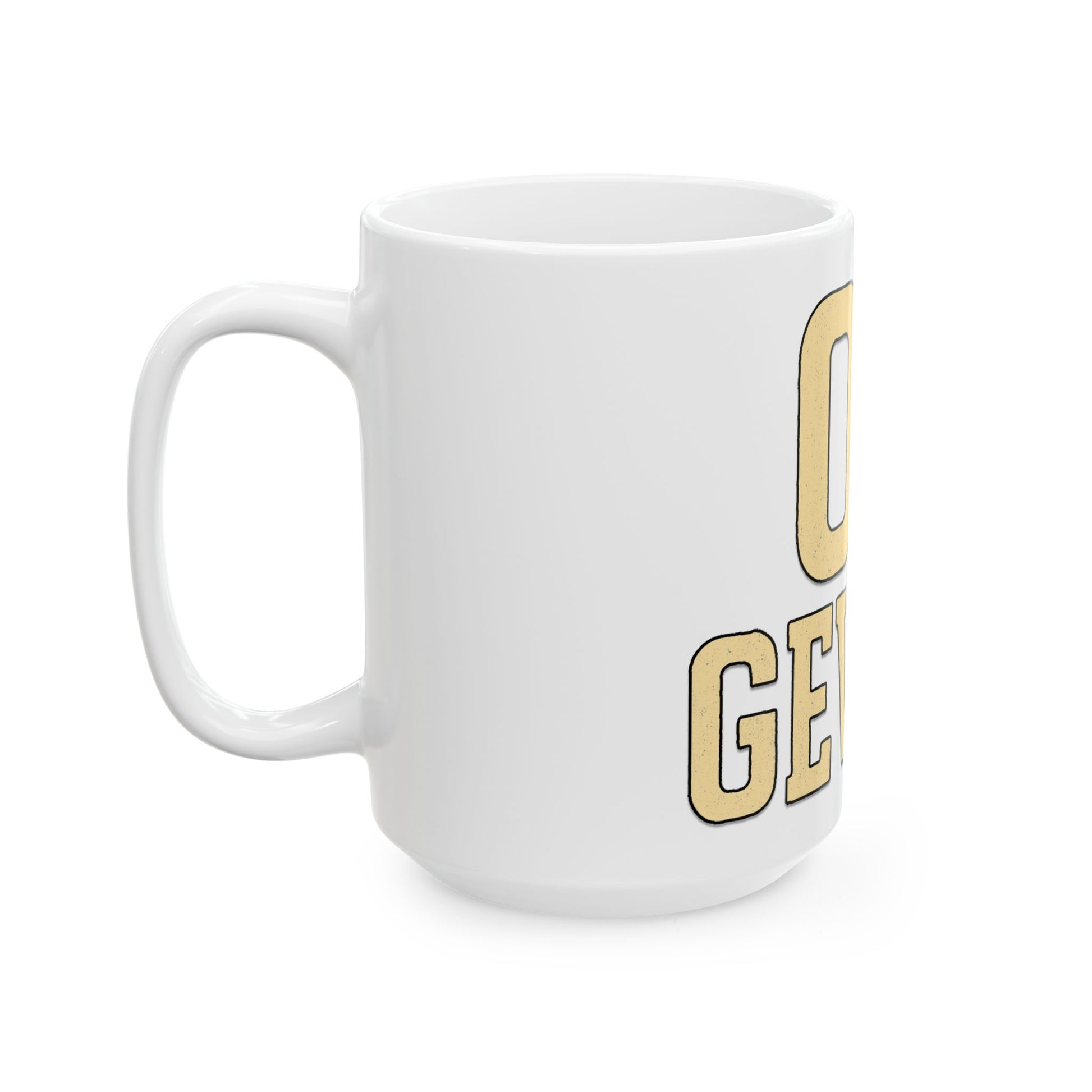 White mug with gold text on a white background