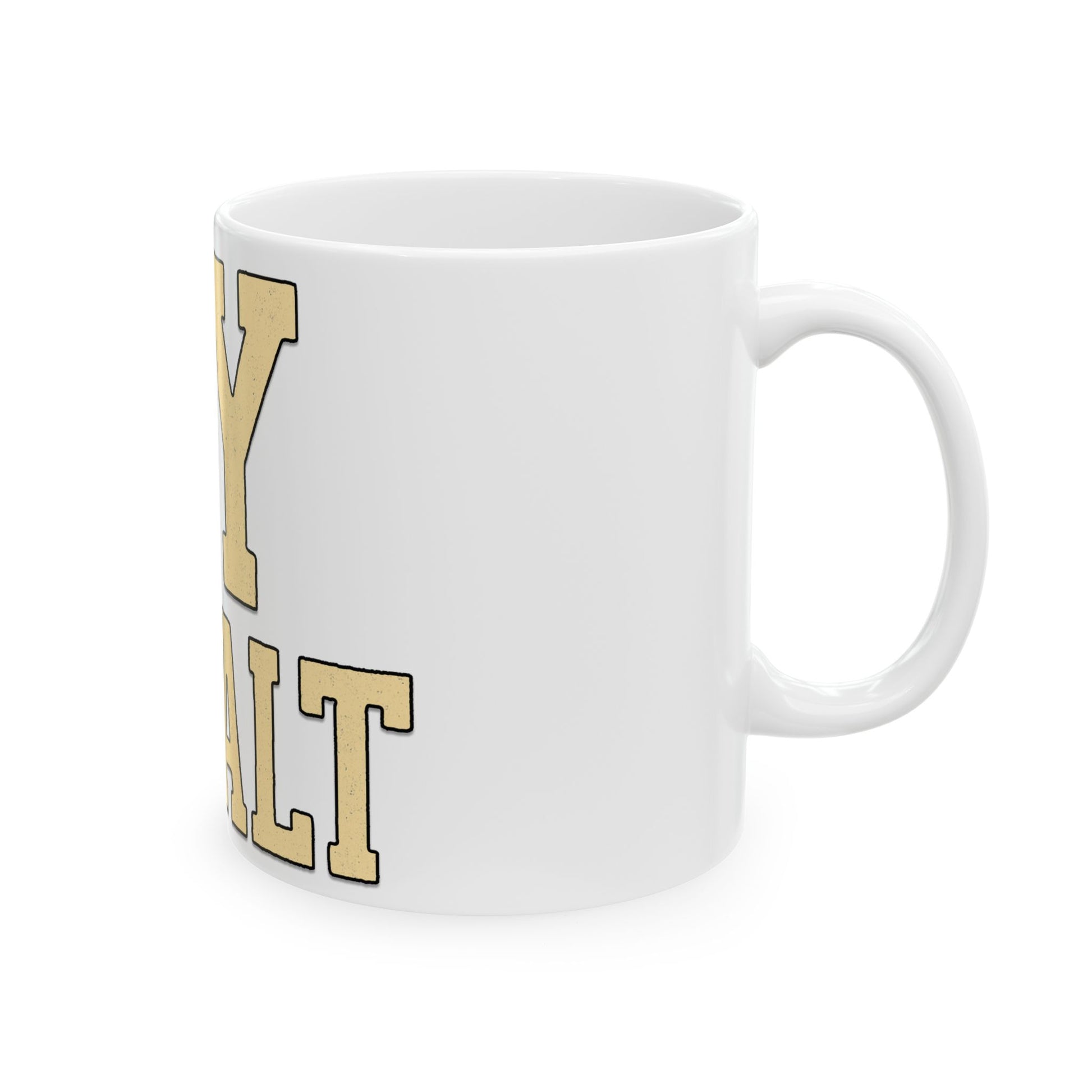 White mug with gold text on a white background