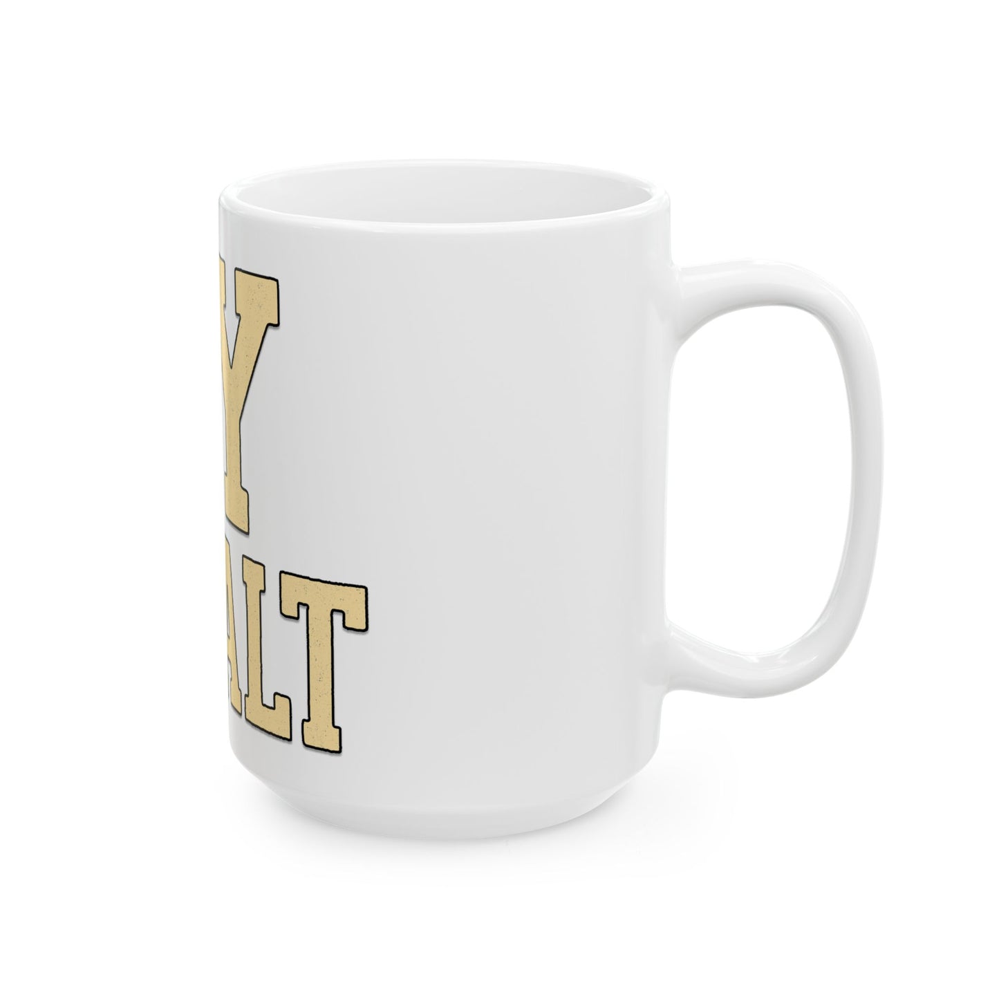 White mug with gold text on a white background