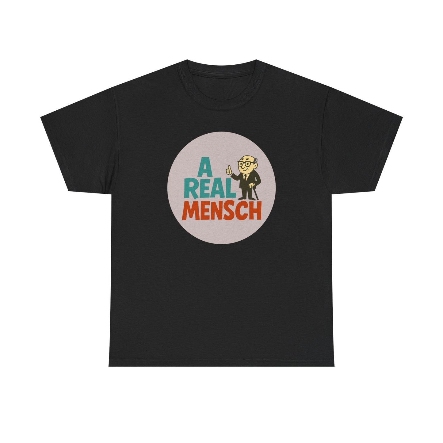 Black t-shirt with 'A Real Mensch' graphic design on a white background