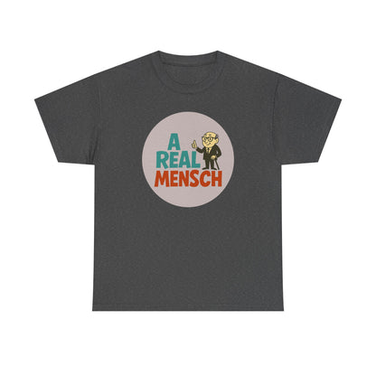 Dark gray t-shirt with 'A Real Mensch' graphic on a white background