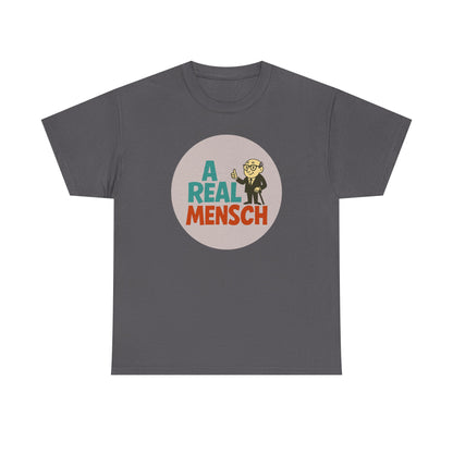 Gray t-shirt with 'A Real Mensch' graphic design on a white background