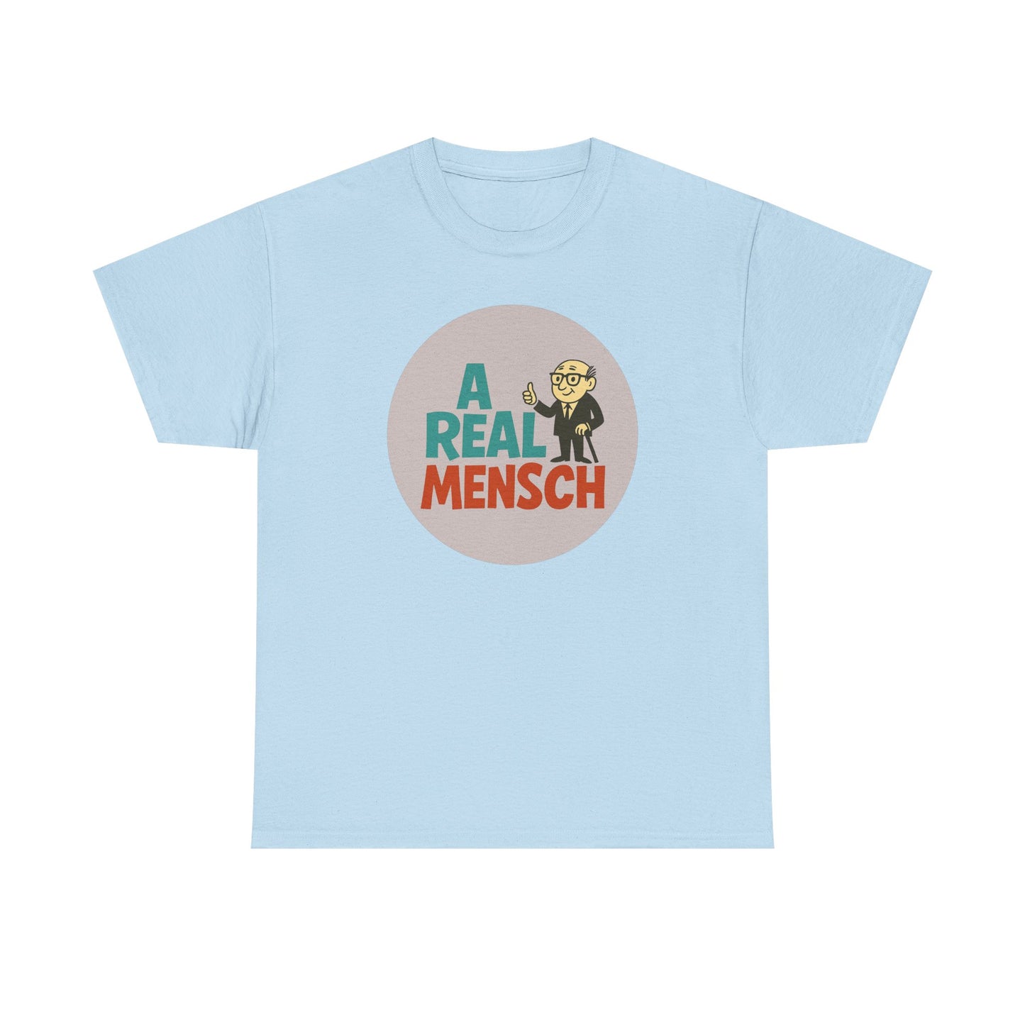 Light blue t-shirt with a graphic and text on a white background