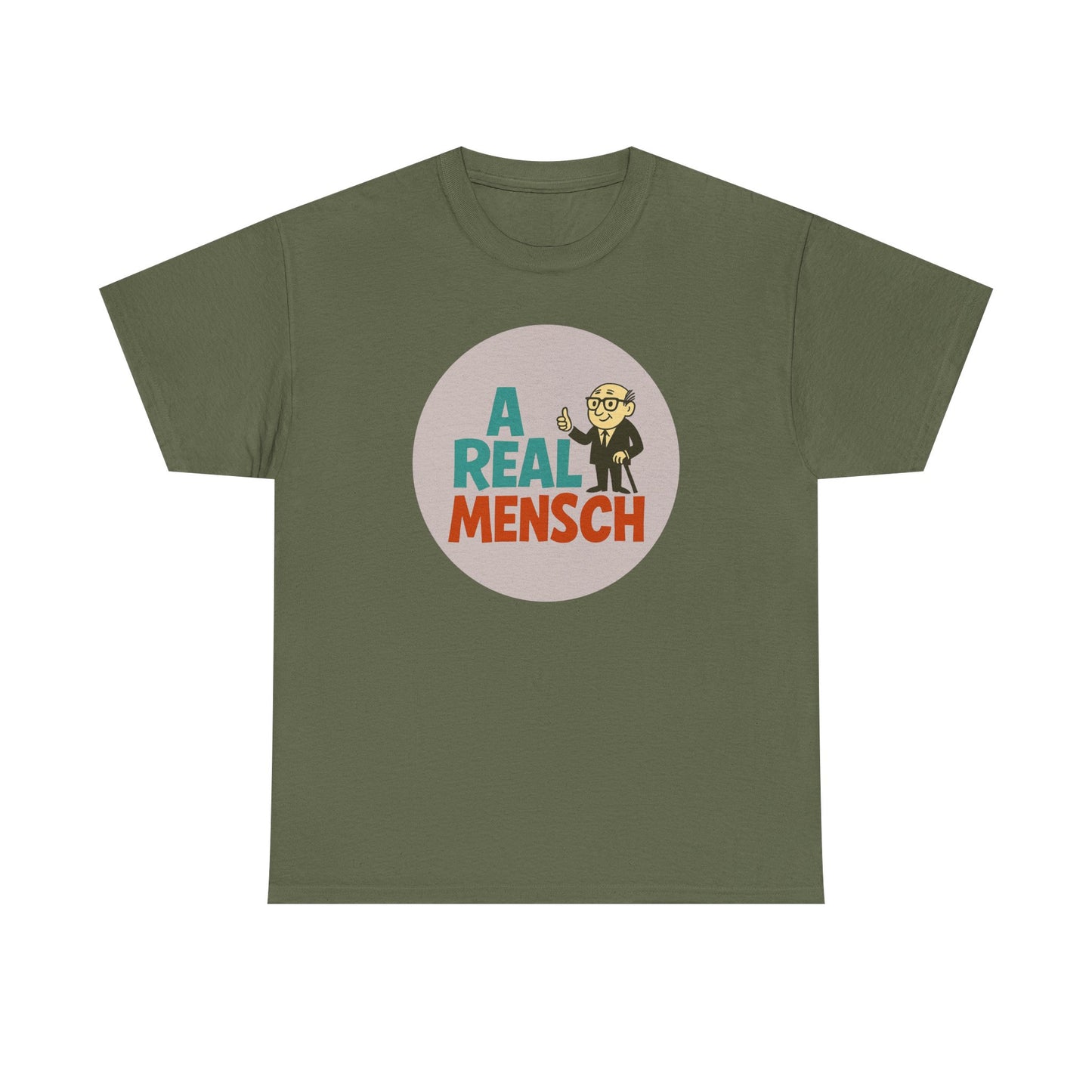 Green t-shirt with 'A Real Mensch' graphic design on a white background