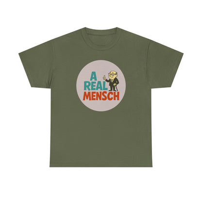 Green t-shirt with 'A Real Mensch' graphic design on a white background