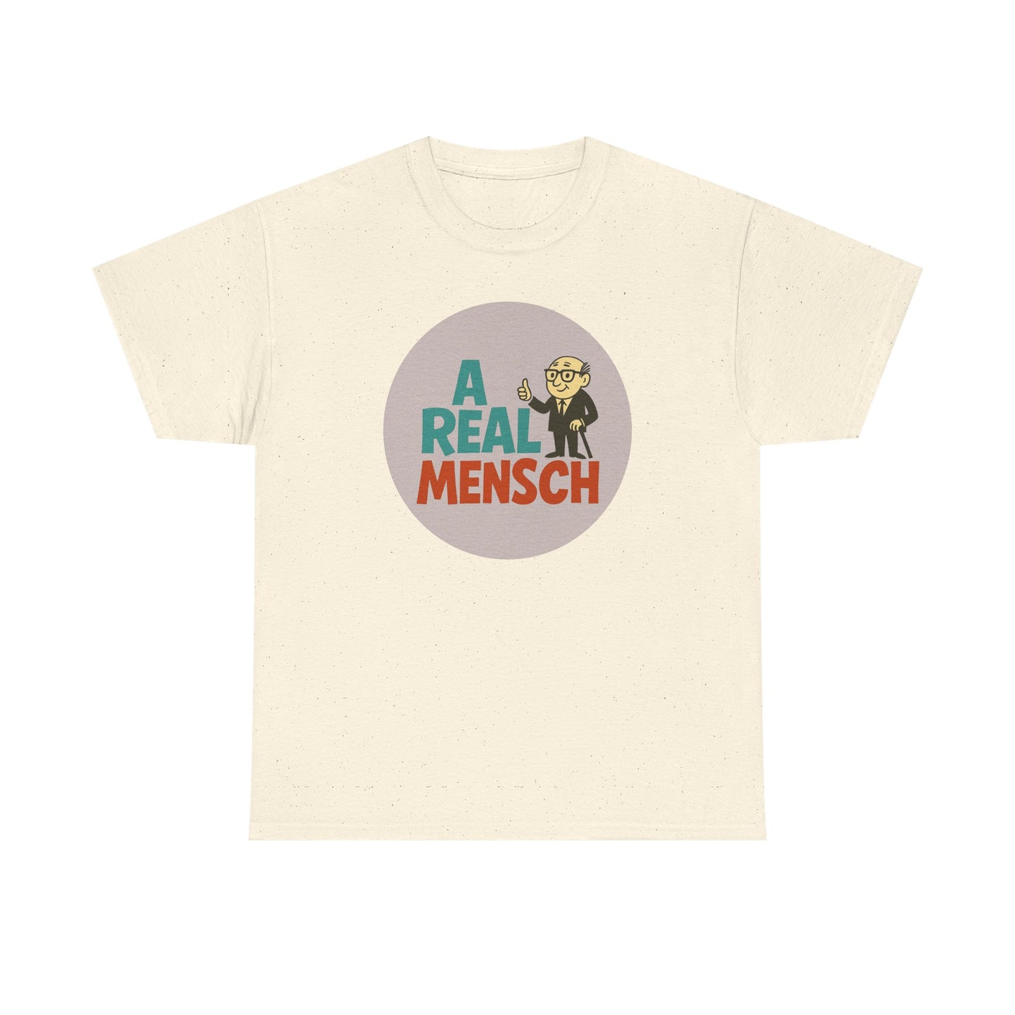 Beige t-shirt with 'A Real Mensch' graphic design on a white background