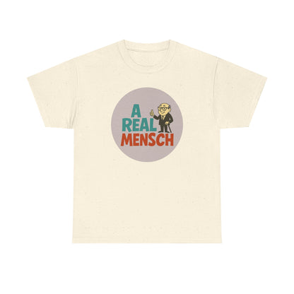 Beige t-shirt with 'A Real Mensch' graphic design on a white background