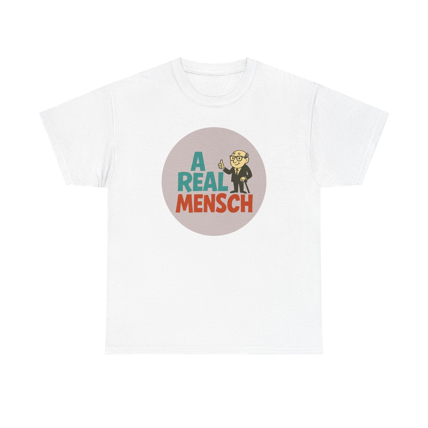 White tee with small circular badge graphic in vintage colors reading 'A Real Mensch'.