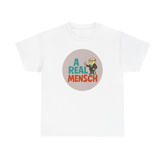 White tee with small circular badge graphic in vintage colors reading 'A Real Mensch'.