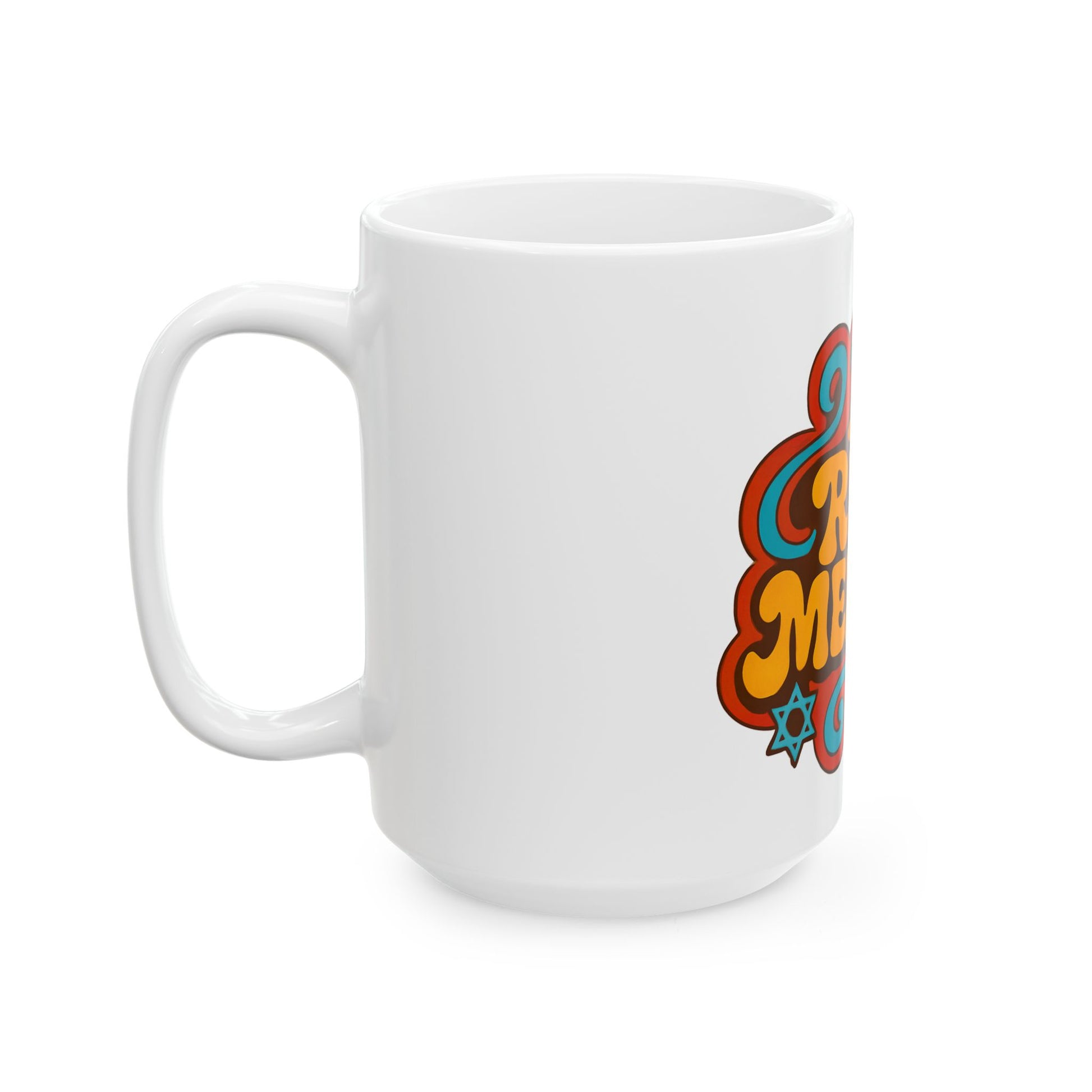 White mug with colorful design on a white background