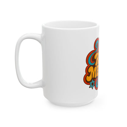 White mug with colorful design on a white background