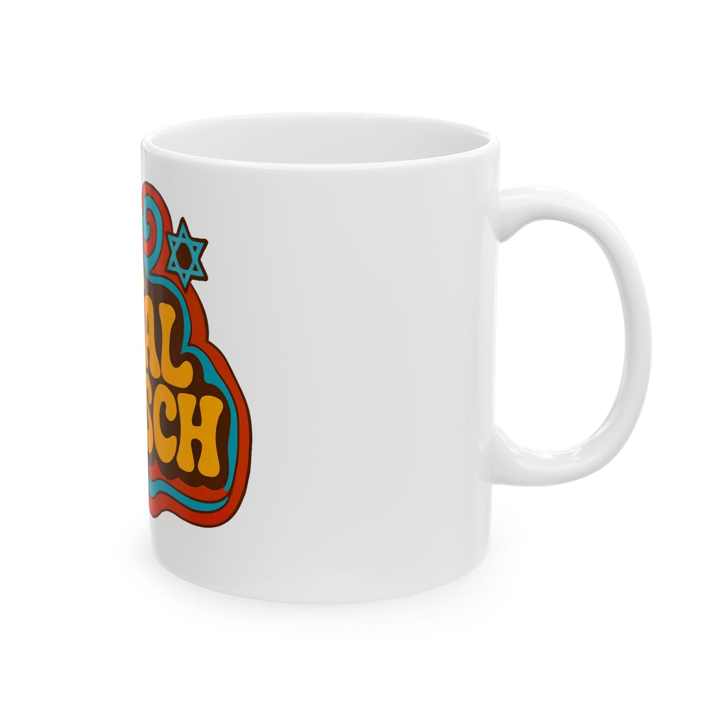 White mug with colorful design featuring a Star of David and text on a white background