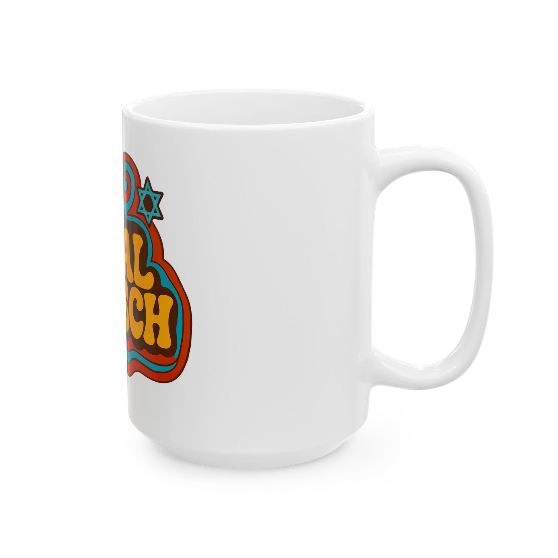 White mug with colorful graphic design on a white background