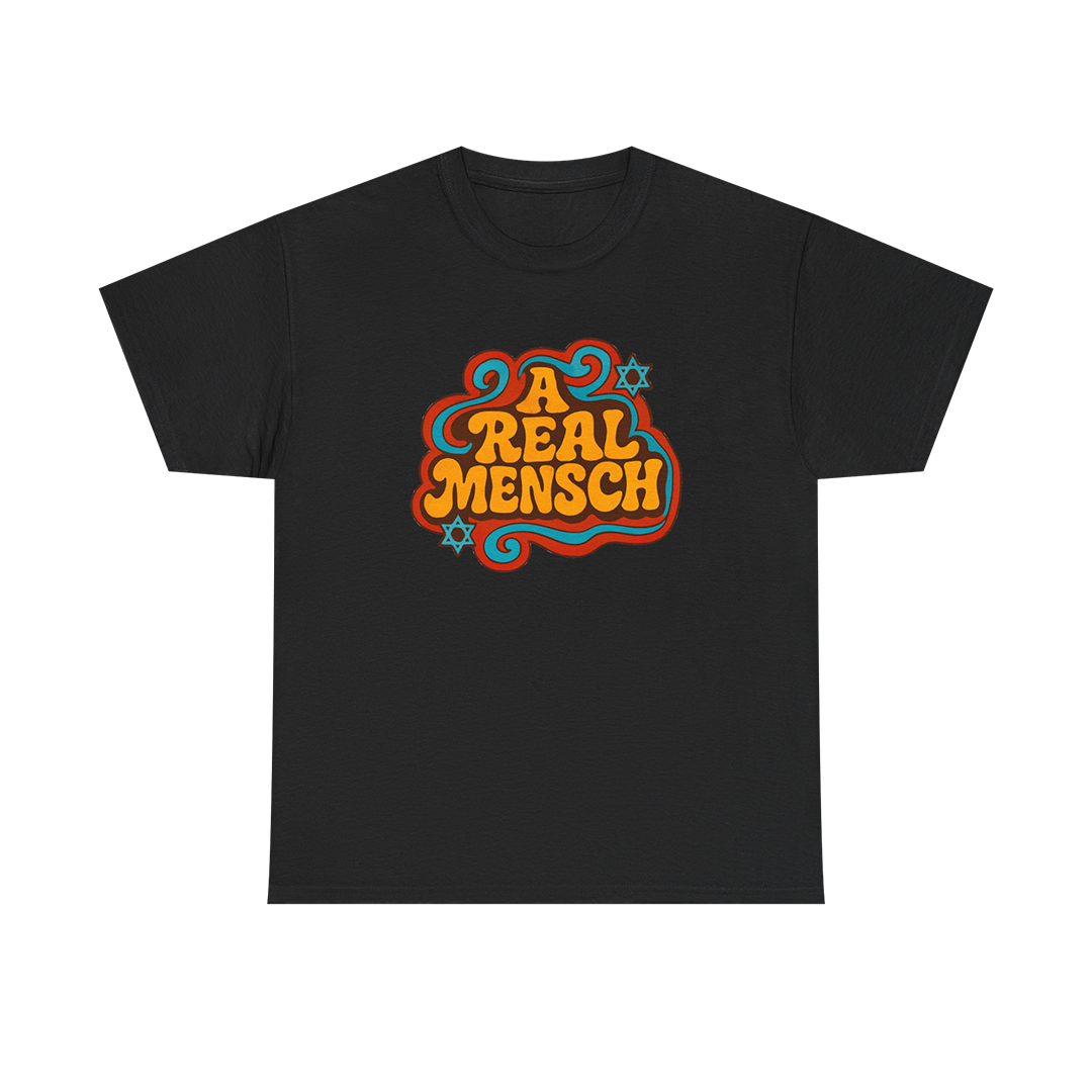 Black t-shirt with colorful 'A Real Mensch' text design on a white background