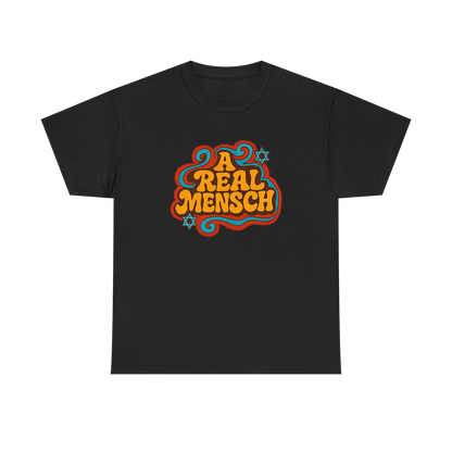 Black t-shirt with colorful 'A Real Mensch' text design on a white background