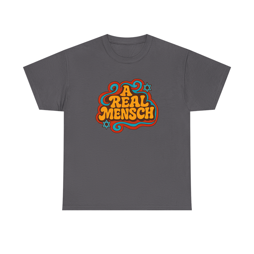 Charcoal grey t-shirt with retro orange and teal 'A Real Mensch' graphic and Star of David.