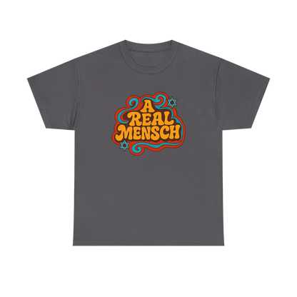 Charcoal grey t-shirt with retro orange and teal 'A Real Mensch' graphic and Star of David.