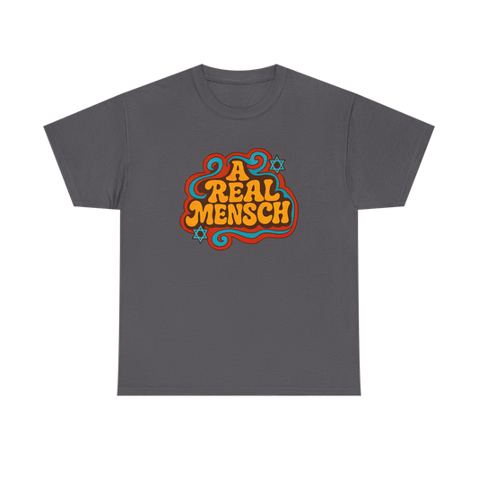 Charcoal grey t-shirt with retro orange and teal 'A Real Mensch' graphic and Star of David.