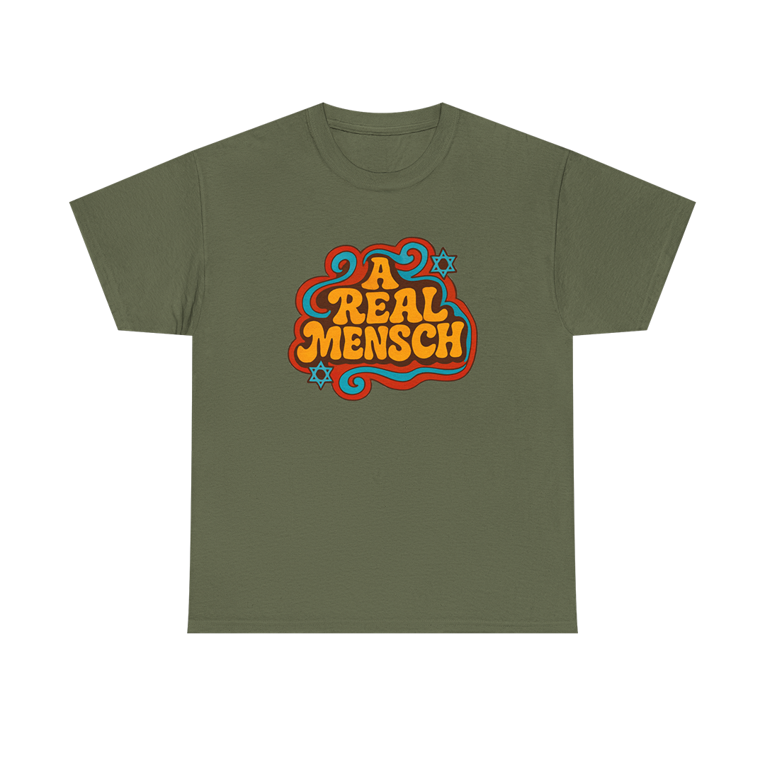 Green t-shirt with 'A Real Mensch' text design on a white background