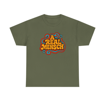 Green t-shirt with 'A Real Mensch' text design on a white background