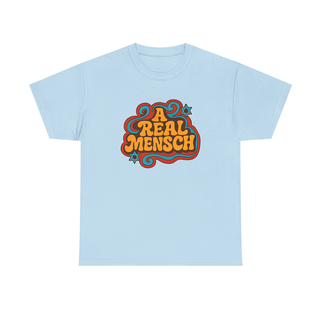 Light blue t-shirt with colorful 'A Real Mensch' text design on a white background