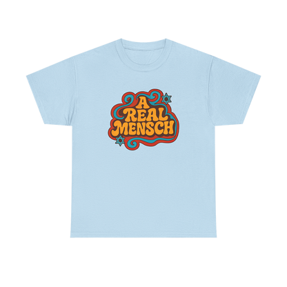 Light blue t-shirt with colorful 'A Real Mensch' text design on a white background