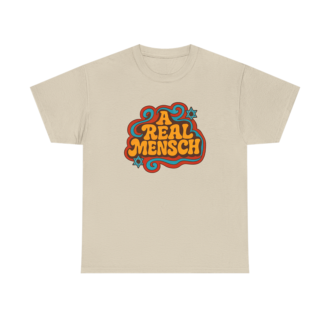 Beige t-shirt with colorful graphic design on a white background