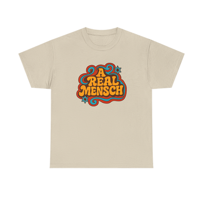 Beige t-shirt with colorful graphic design on a white background