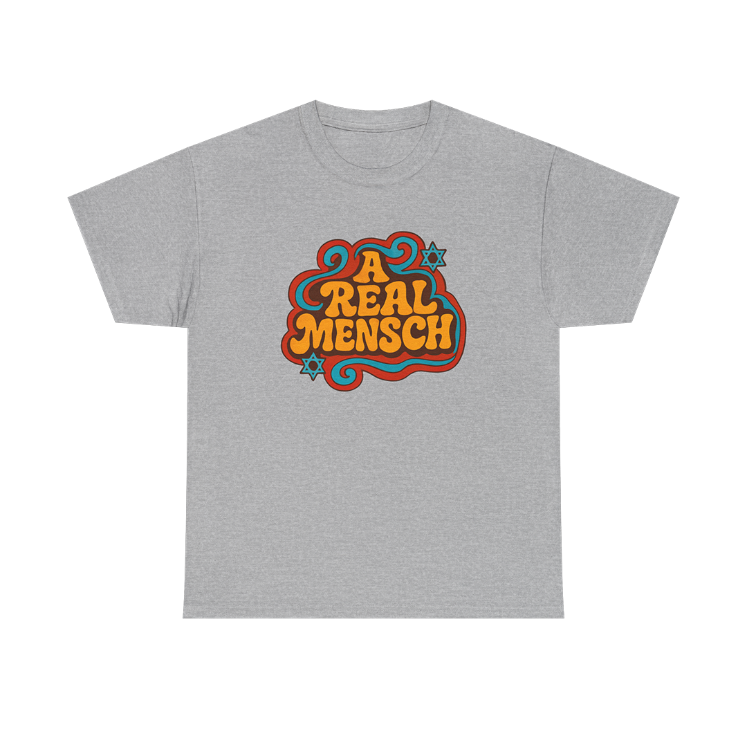 Gray t-shirt with colorful 'A Real Mensch' design on a white background