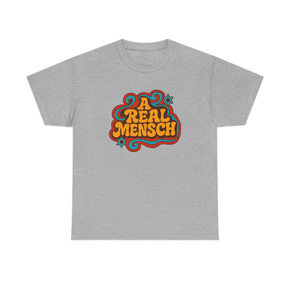 Gray t-shirt with colorful 'A Real Mensch' design on a white background