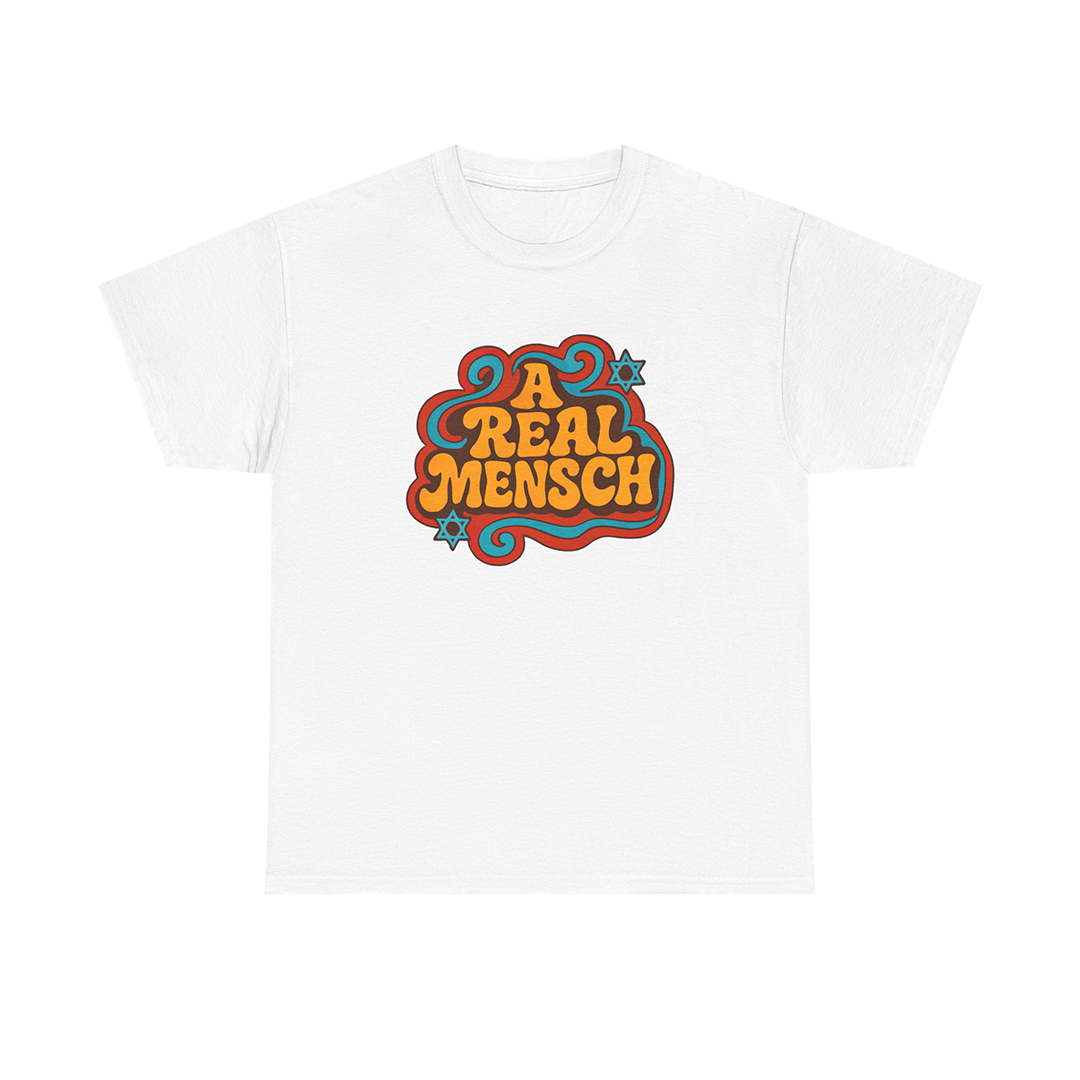 White t-shirt with colorful 'A Real Mensch' graphic design on a white background