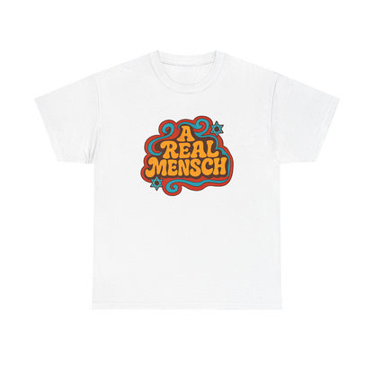 White t-shirt with colorful 'A Real Mensch' graphic design on a white background