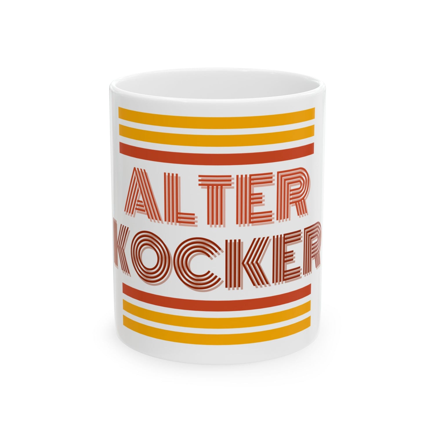 White mug with 'ALTER KOCKER' text and orange and yellow stripes on a white background