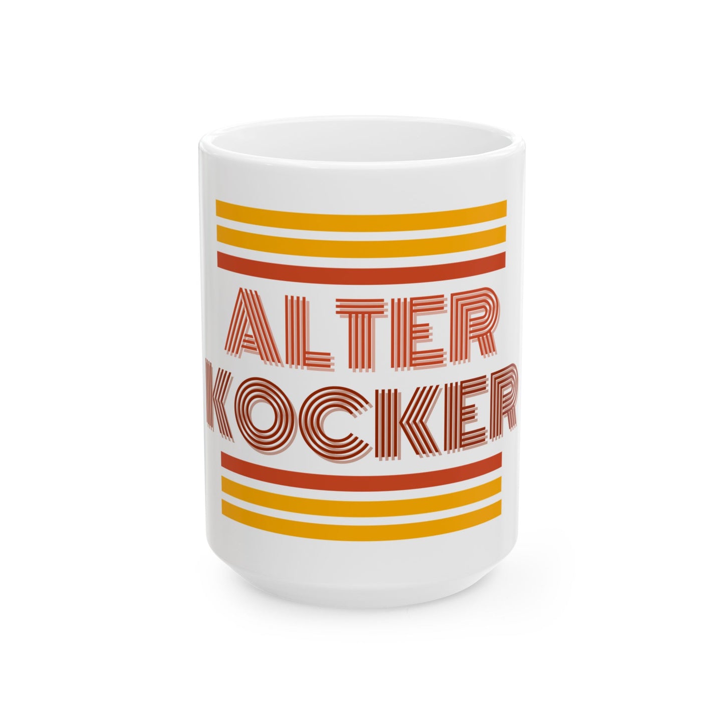 White mug with 'ALTER KOCKER' text and orange and red stripes on a white background