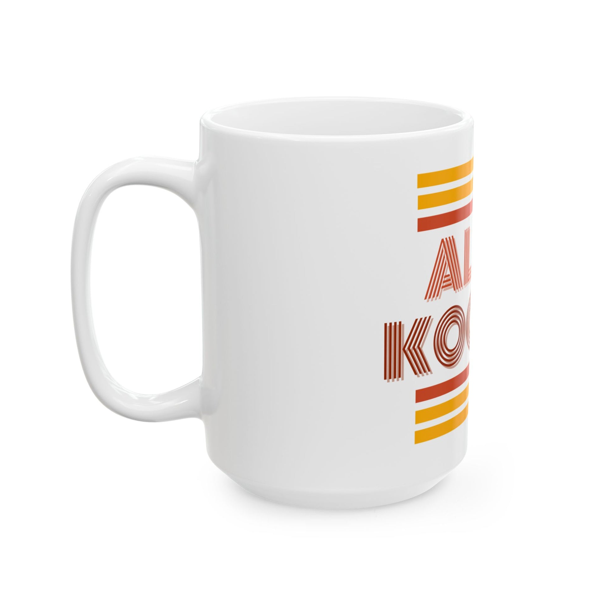 White mug with 'alter kocker' design on a white background.