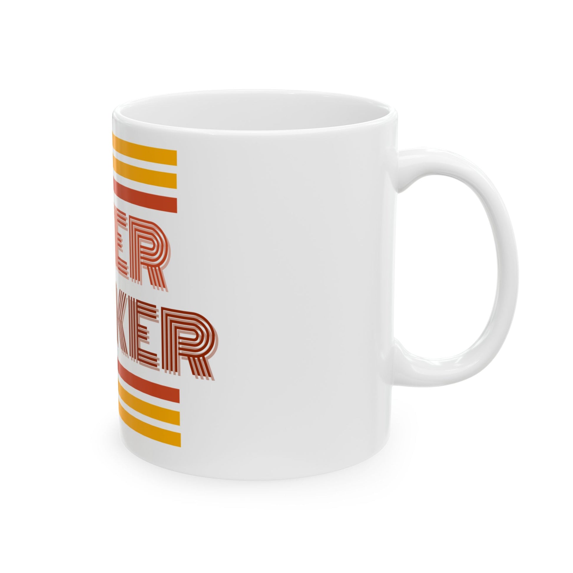 White mug with 'Alter Kocker' text and orange and yellow stripes on a white background