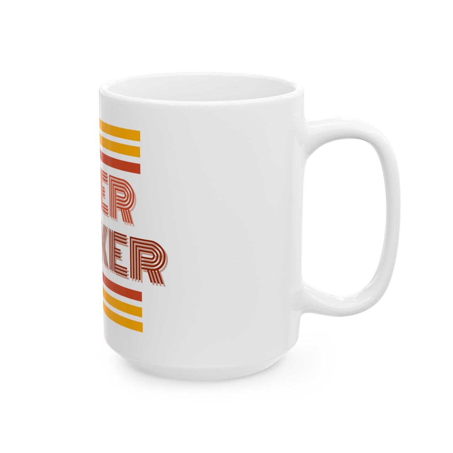 White mug with colorful text design on a white background