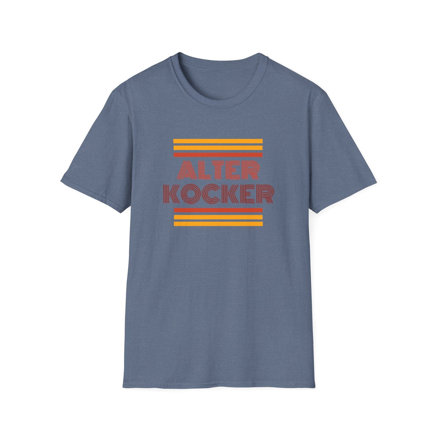 Blue t-shirt with 'Alter Kocker' text and orange stripes on a white background