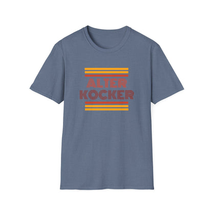 Blue t-shirt with 'Alter Kocker' text and orange stripes on a white background