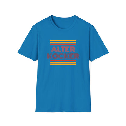 Blue t-shirt with 'Alter Kocker' text and stripes on a white background