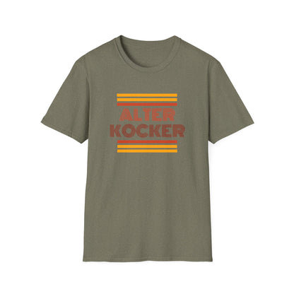 Green t-shirt with 'Alter Kocker' text and orange stripes on a white background