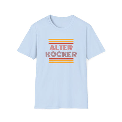 Light blue t-shirt with 'Alter Kocker' text and colorful stripes on a white background