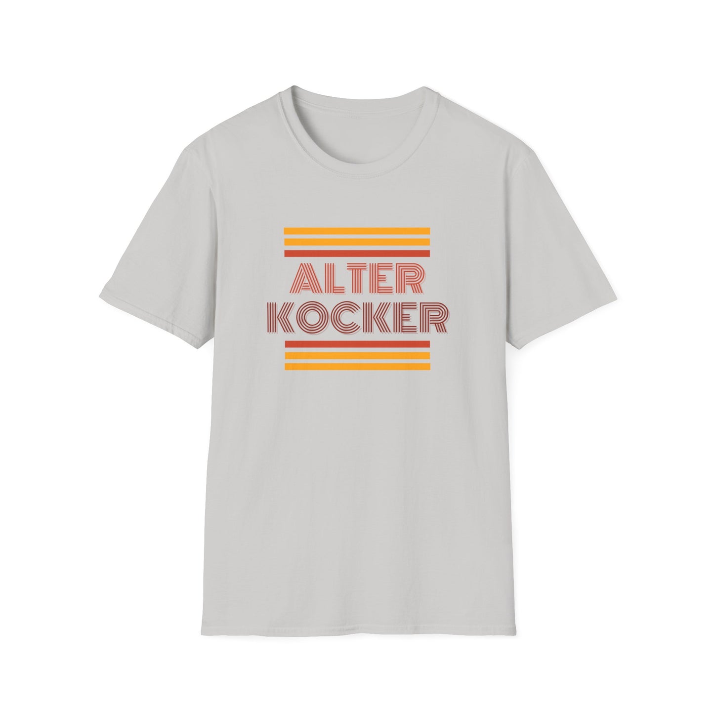 Gray t-shirt with 'Alter Kocker' text and retro-style stripes on a white background