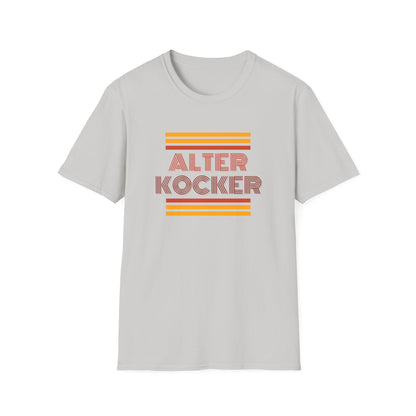Gray t-shirt with 'Alter Kocker' text and retro-style stripes on a white background