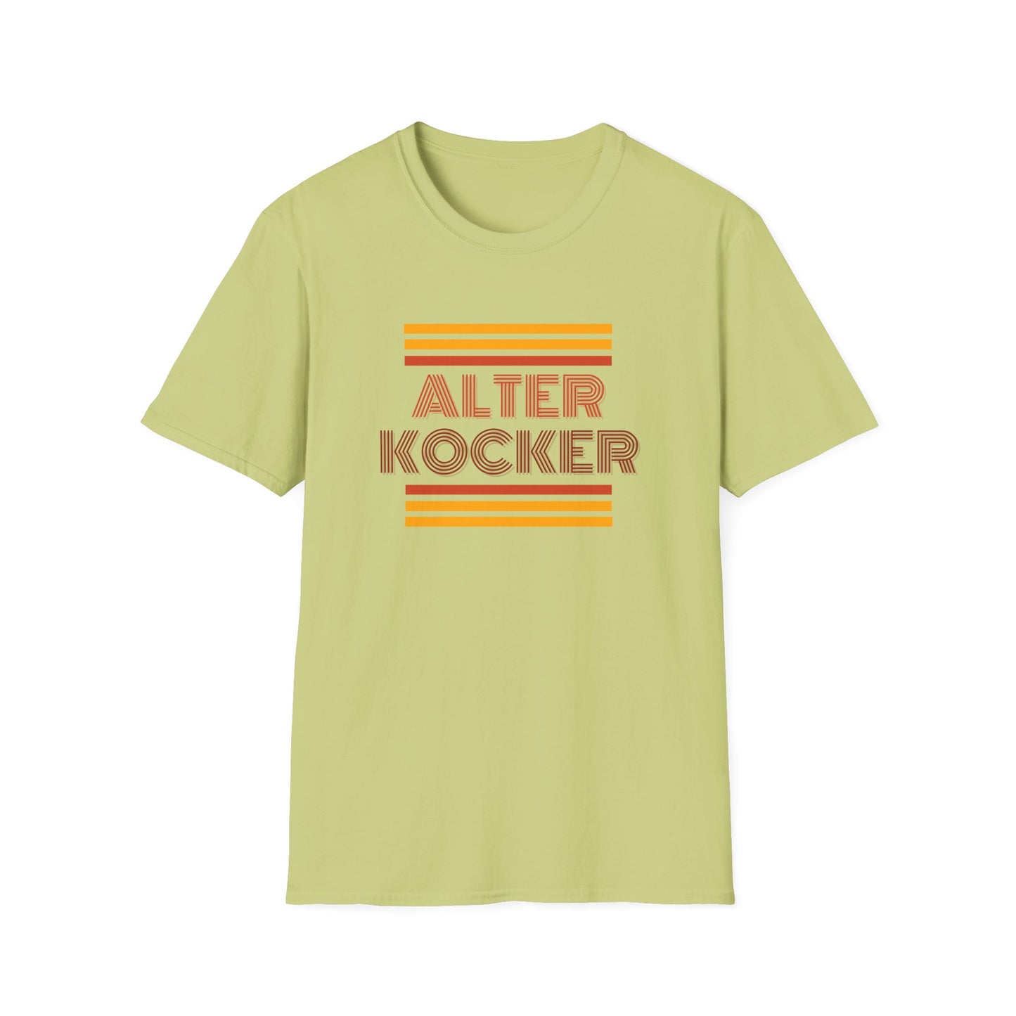 Light green t-shirt with 'Alter Kocker' text and orange stripes on a white background