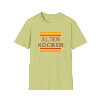 Light green t-shirt with 'Alter Kocker' text and orange stripes on a white background