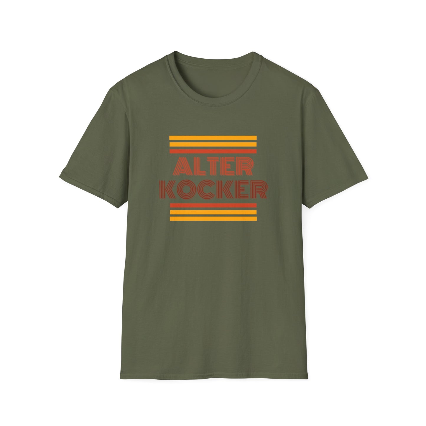 Green t-shirt with 'Alter Kocker' text and orange stripes on a white background